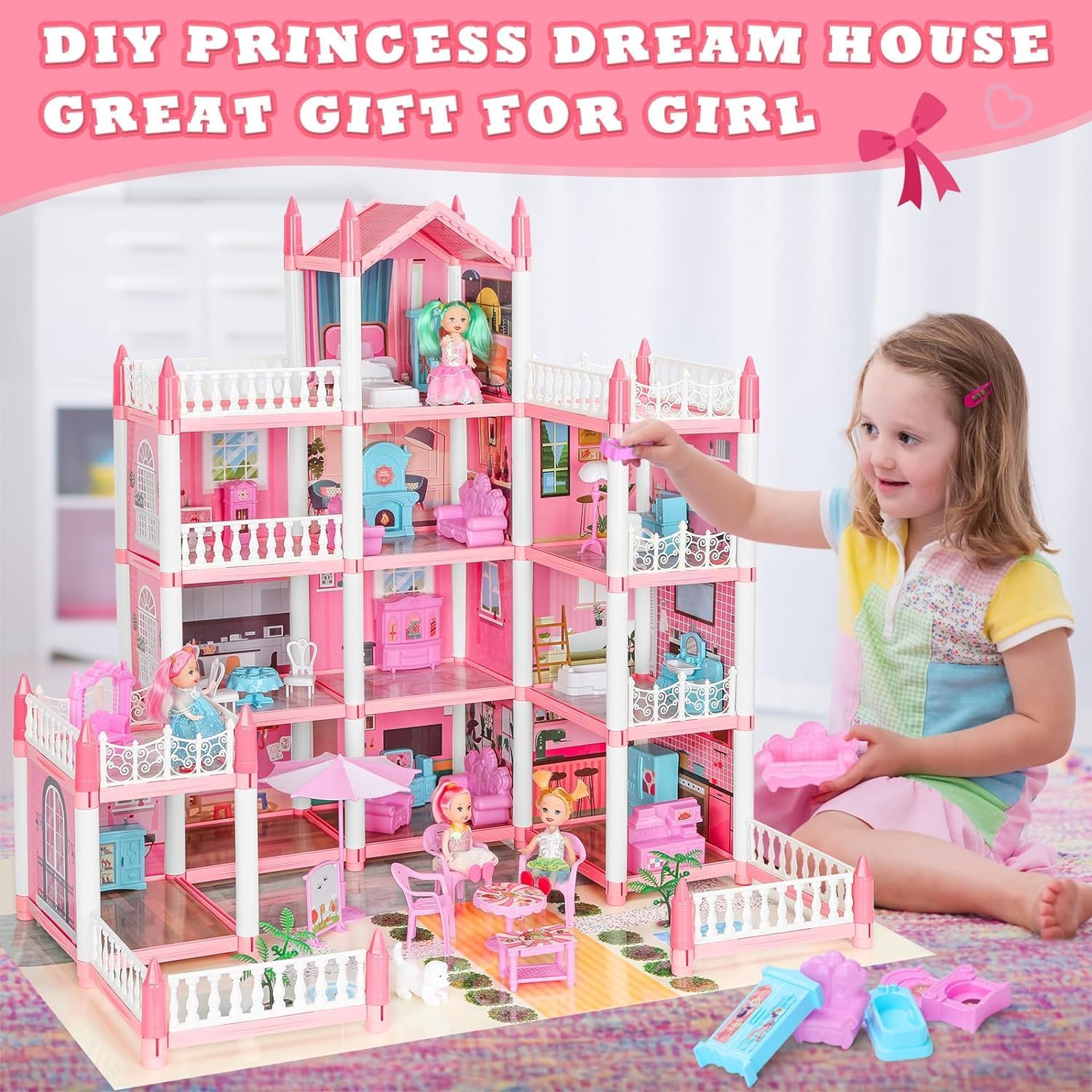 4-Story 11 Rooms Playhouse with 4 Dolls Toy