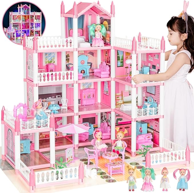 4-Story 11 Rooms Playhouse with 4 Dolls Toy