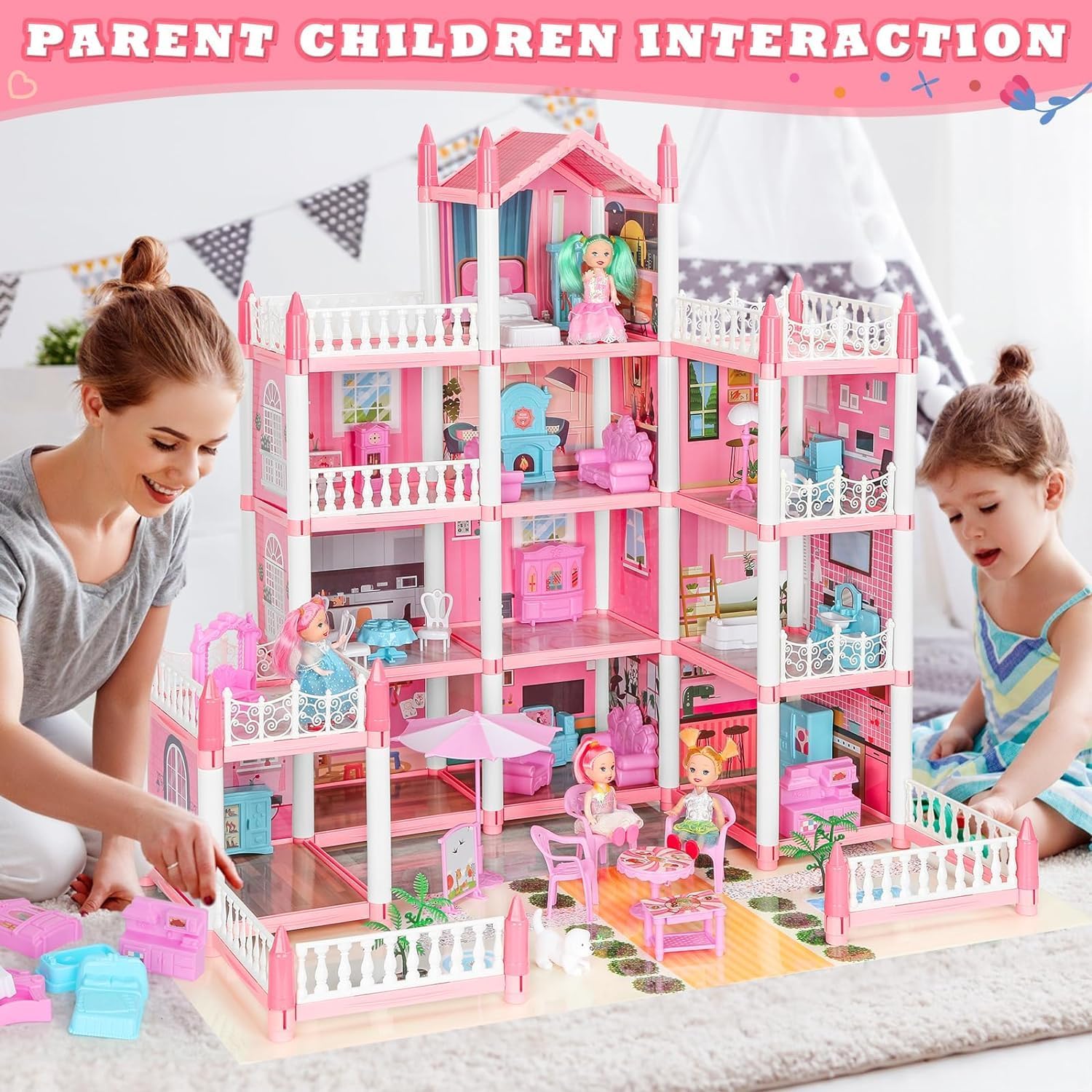 4-Story 11 Rooms Playhouse with 4 Dolls Toy