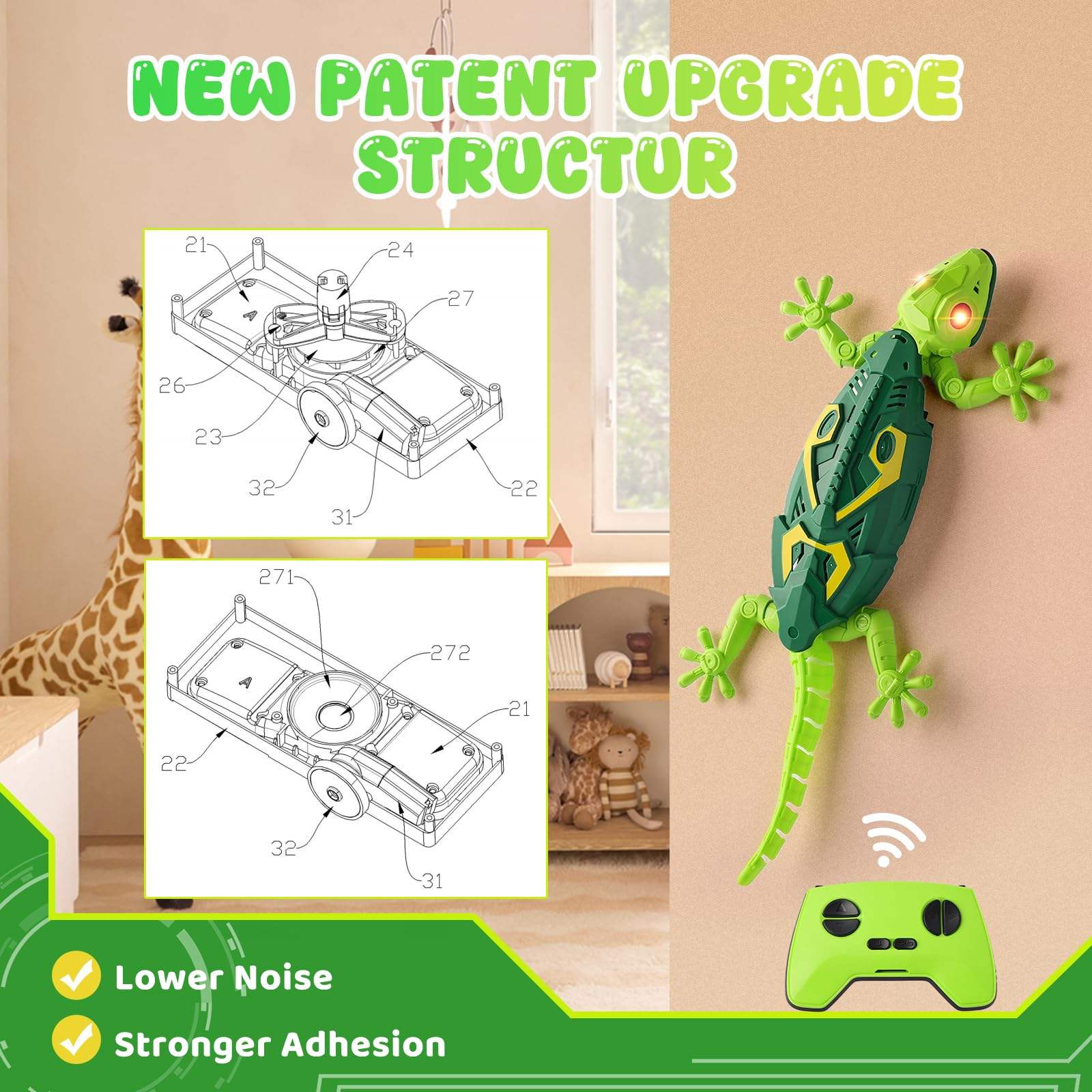 RC Wall Climbing Lizard Toy with LED Eyes, Full Rotation