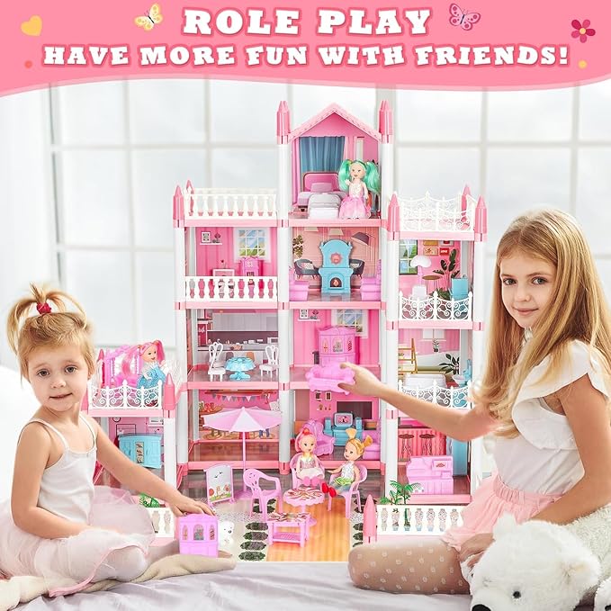 4-Story 11 Rooms Playhouse with 4 Dolls Toy