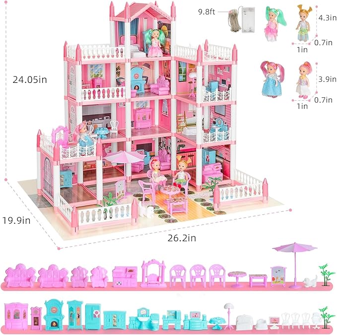 4-Story 11 Rooms Playhouse with 4 Dolls Toy